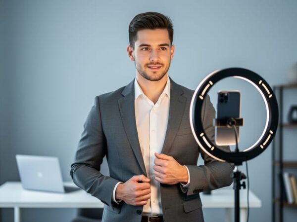 Person in a blazer facing a smartphone on a ring-light tripod in a home office, preparing a professional headshot with soft daylight and a blurred laptop and neutral background.