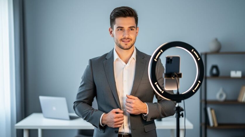 Person in a blazer facing a smartphone on a ring-light tripod in a home office, preparing a professional headshot with soft daylight and a blurred laptop and neutral background.