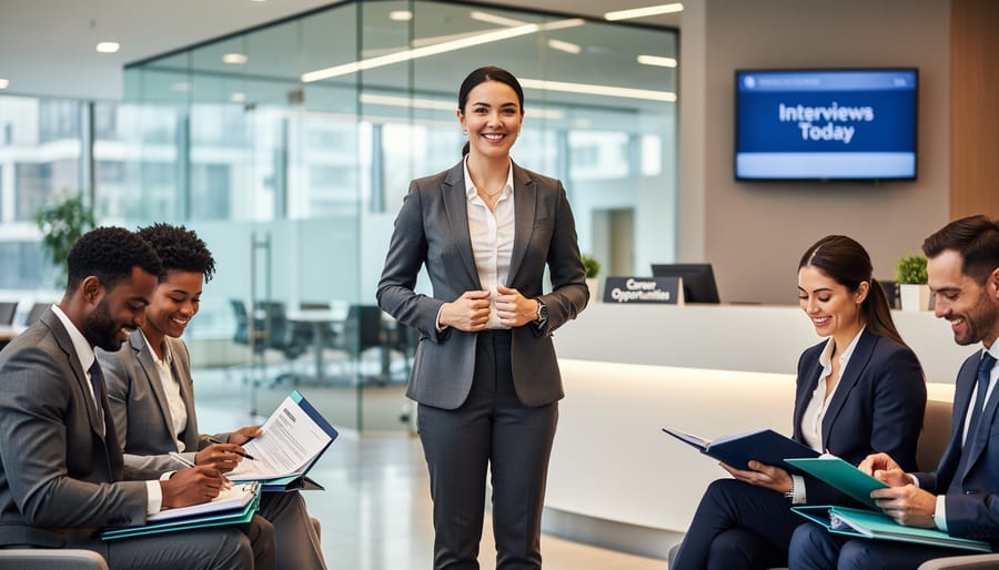 Professional job candidates waiting confidently in modern office interview area