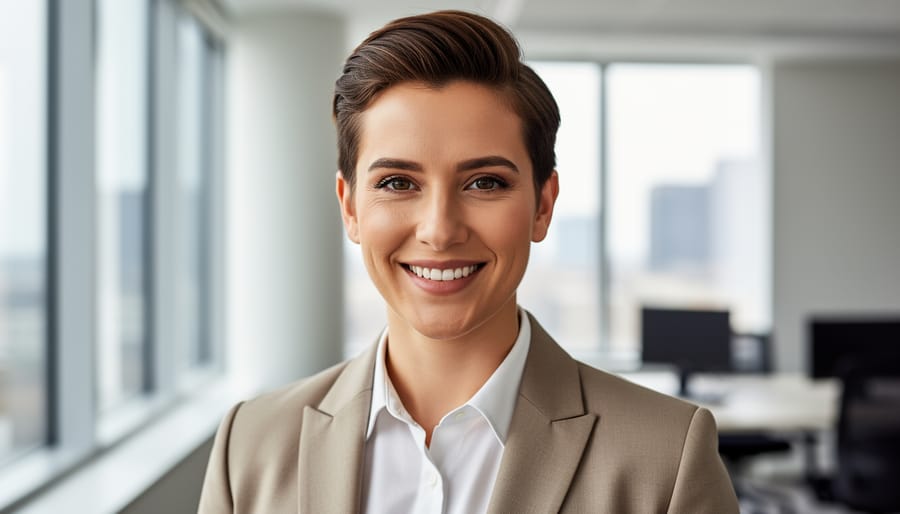 Professional headshot of smiling businesswoman with neutral background