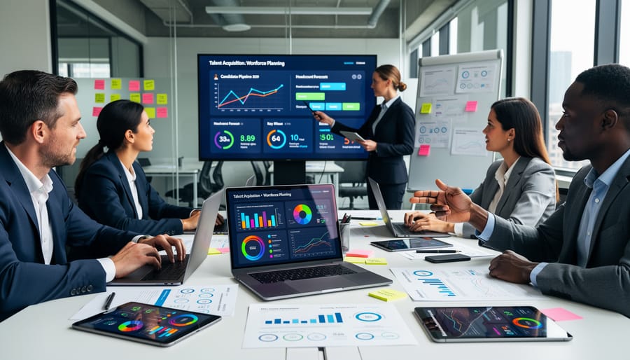 Business professionals collaborating with digital devices in modern office setting
