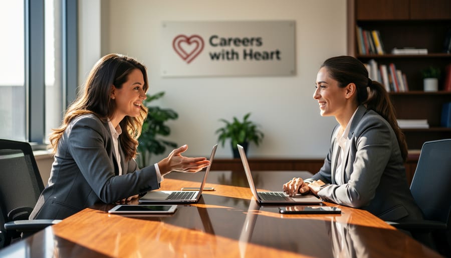 Recruiter and job candidate shaking hands during interview in modern office