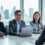 Diverse HR professionals interview a candidate at a conference table, with soft daylight and a faint holographic network above a laptop symbolizing AI-driven recruiting; open-plan office and city skyline blurred in the background.