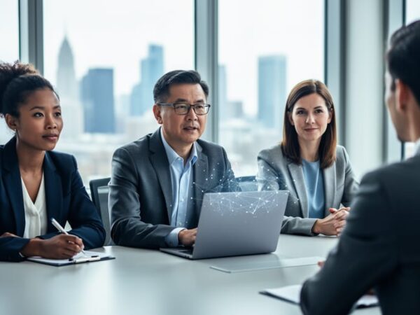 Diverse HR professionals interview a candidate at a conference table, with soft daylight and a faint holographic network above a laptop symbolizing AI-driven recruiting; open-plan office and city skyline blurred in the background.