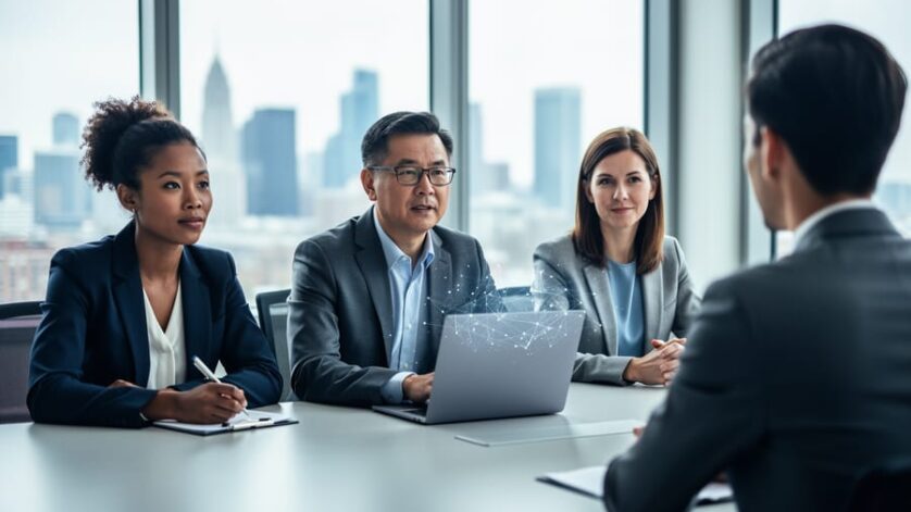 Diverse HR professionals interview a candidate at a conference table, with soft daylight and a faint holographic network above a laptop symbolizing AI-driven recruiting; open-plan office and city skyline blurred in the background.