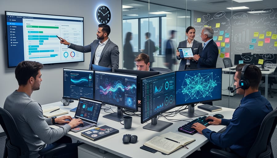 Cybersecurity analyst monitoring multiple screens in a modern tech office
