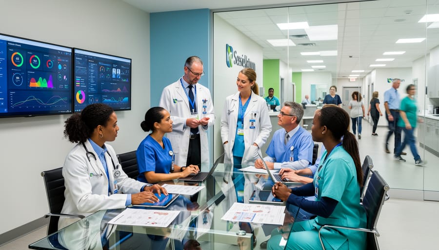Doctor and nurse reviewing a tablet in a modern hospital room