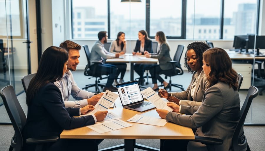 People collaborating in a modern office while discussing job opportunities and documents