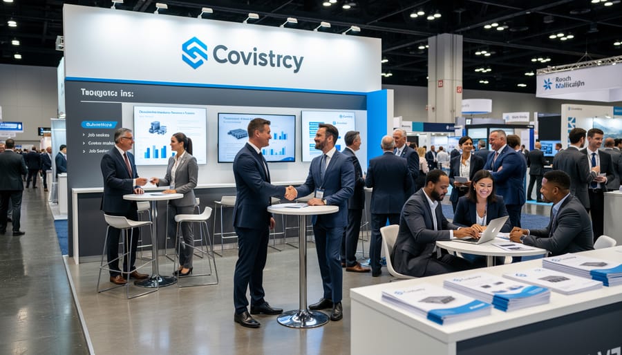 People at a high-tech trade show booth reviewing laptop and materials
