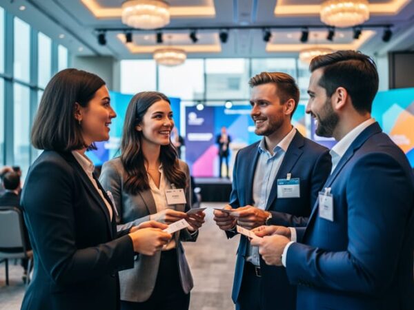 “People in business attire networking at a modern conference while speaking and exchanging business cards, representing career-focused professional connections.”