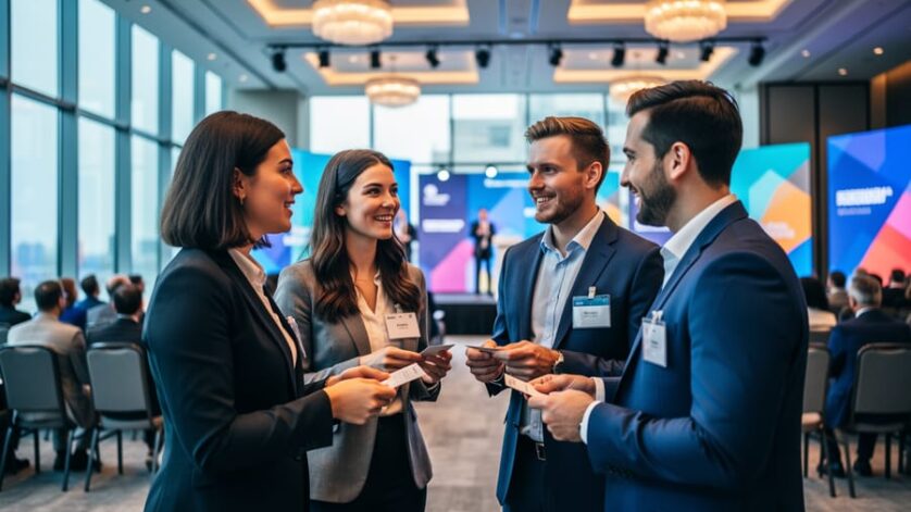 “People in business attire networking at a modern conference while speaking and exchanging business cards, representing career-focused professional connections.”