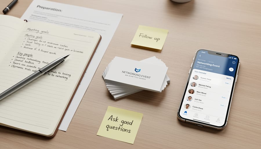 Professional organizing business cards and notes at a desk before a networking event