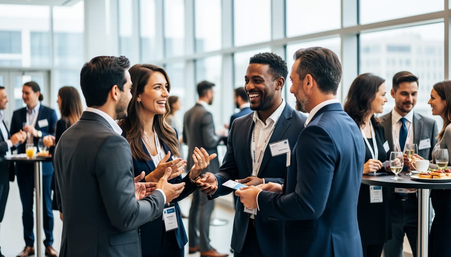Professionals exchanging business cards at a modern networking event lobby