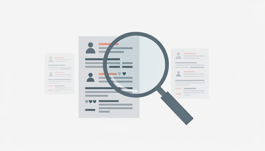 Hands using a magnifying glass to inspect a stack of documents on a desk.
