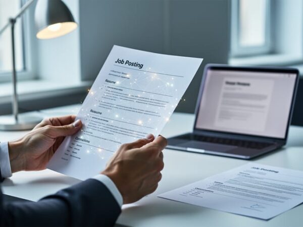 Person reviewing a resume on a desk beside a blurred job description, illustrating resume-to-job alignment for 2026 hiring.
