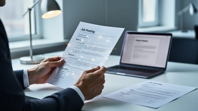 Person reviewing a resume on a desk beside a blurred job description, illustrating resume-to-job alignment for 2026 hiring.