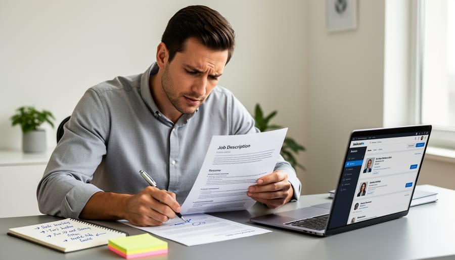 Person in an office reviewing a resume and a job description sheet on a desk with a pen.