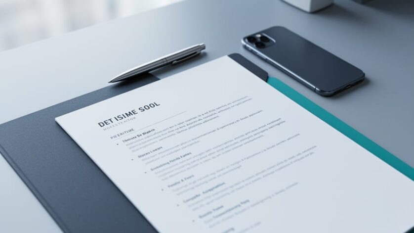 Clean resume page with a pen on a modern desk, photographed with soft natural light and shallow depth of field.