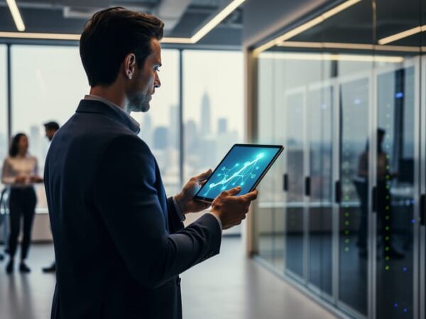 Tech professional in a modern office holding a tablet with an abstract career-planning icon, with blurred server equipment and coworkers in the background.