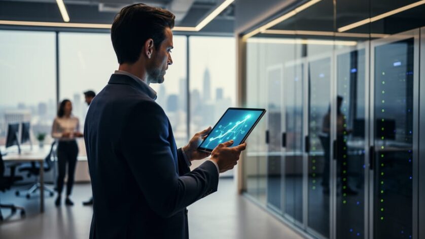 Tech professional in a modern office holding a tablet with an abstract career-planning icon, with blurred server equipment and coworkers in the background.
