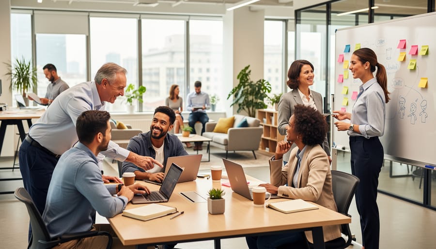 A group of professionals collaborating in a coworking space while one person gestures to others.