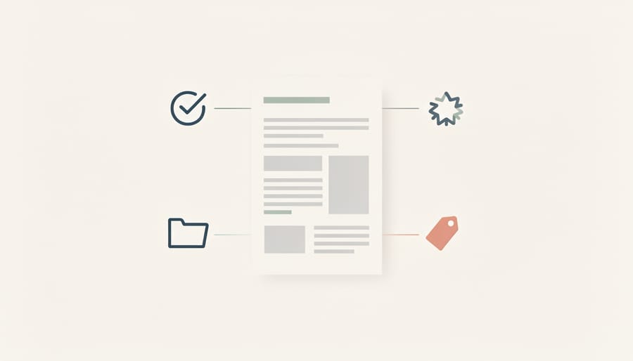 Minimal monochrome icon-like tokens next to a blank resume sheet representing custom section icons