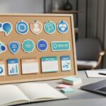 Close-up of a corkboard vision board on a desk with career-themed pinned cards and planning materials in a softly lit home office.