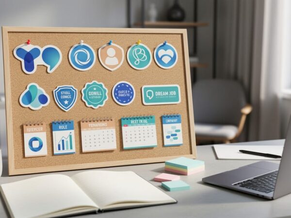 Close-up of a corkboard vision board on a desk with career-themed pinned cards and planning materials in a softly lit home office.