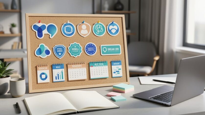 Close-up of a corkboard vision board on a desk with career-themed pinned cards and planning materials in a softly lit home office.