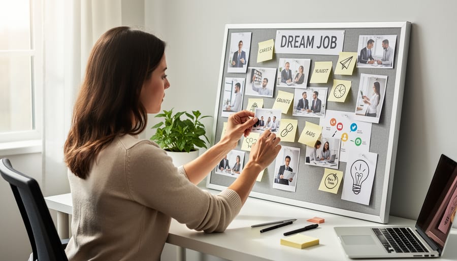 Hands arranging photos and notes on a dream job vision board on a desk
