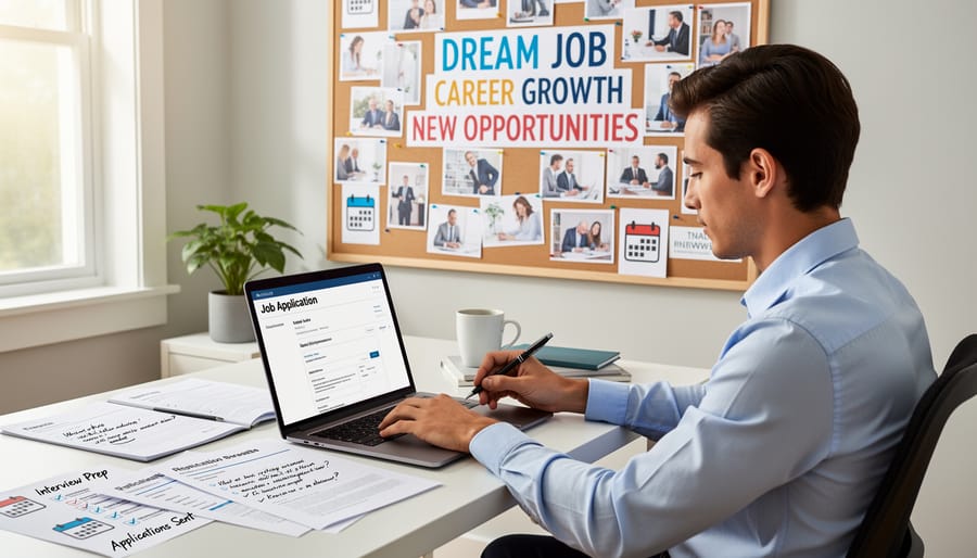 Laptop on a desk next to a vision board, suggesting interview-focused job search preparation