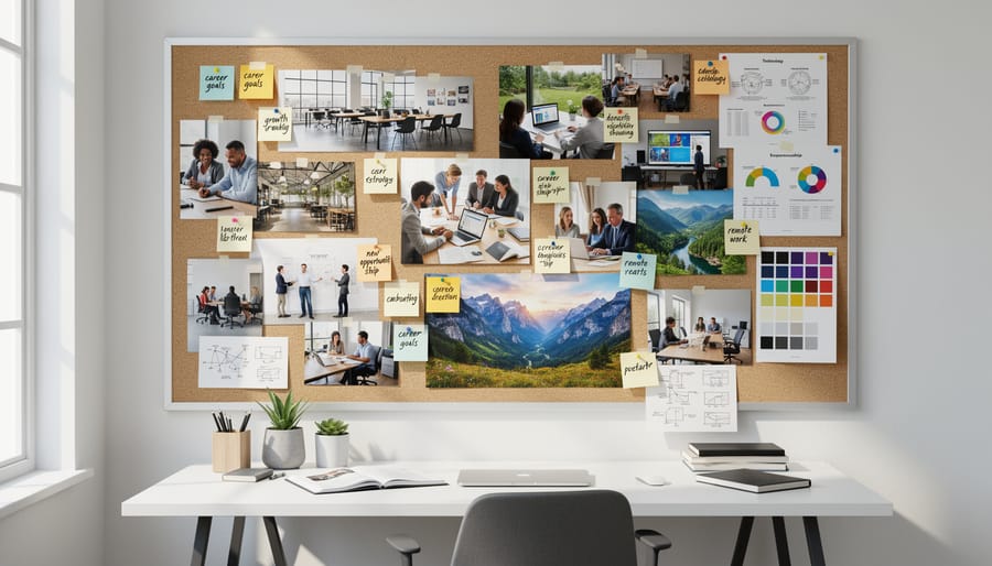 Close-up of layered cutouts on a vision board near a modern office photo