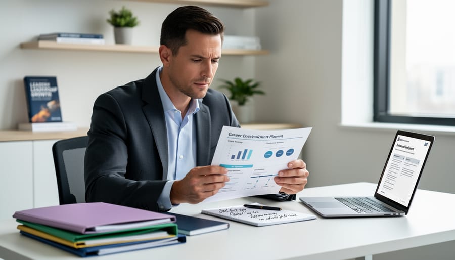 A professional reviewing career-planning materials on a tablet at a desk with notebook and folders.