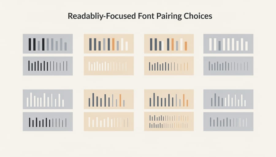 Typography sample cards with blank text areas beside pens on a clean desk to represent readable font pairing