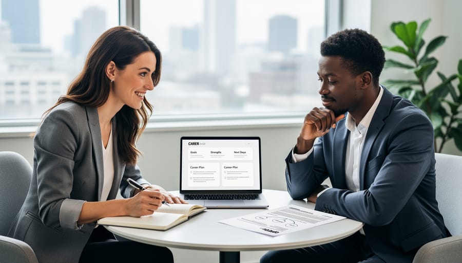 Career coach and job seeker having a focused discussion at a desk with a laptop and notes