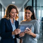 A recruiter guiding a job seeker in a modern high-tech office while reviewing a tablet, with a blurred tech workplace background.