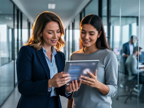 A recruiter guiding a job seeker in a modern high-tech office while reviewing a tablet, with a blurred tech workplace background.