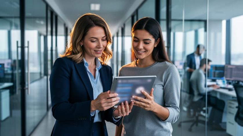 A recruiter guiding a job seeker in a modern high-tech office while reviewing a tablet, with a blurred tech workplace background.