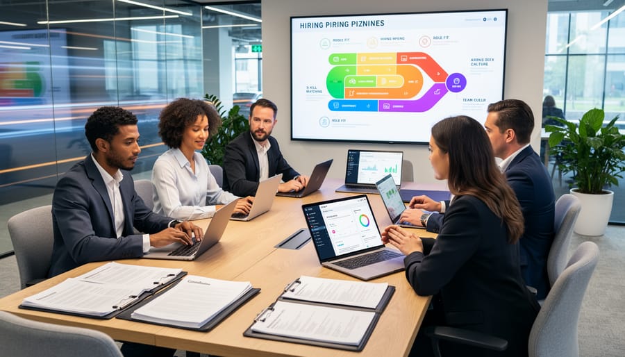 Recruiter reviewing a resume while coordinating on a tablet in a modern tech office