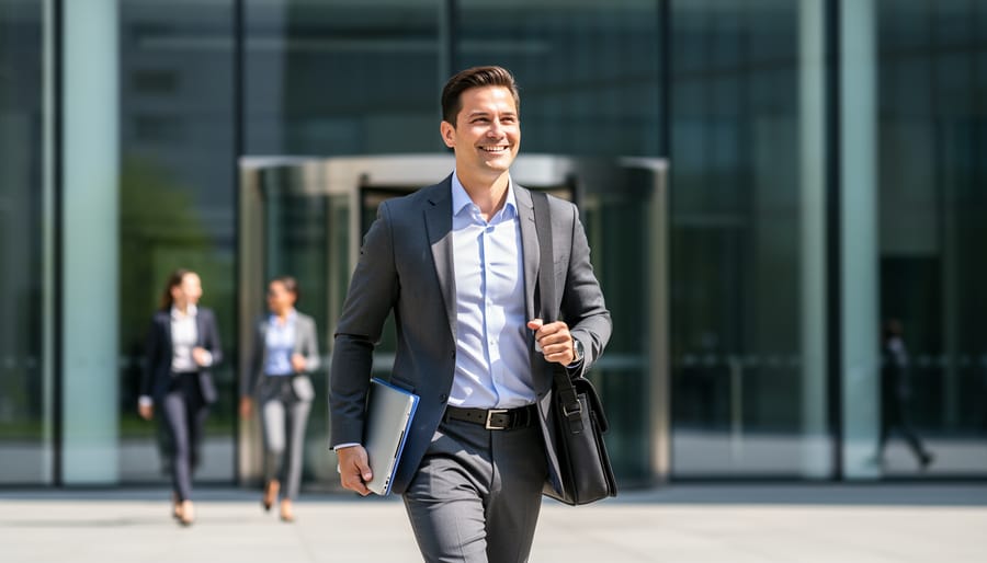 Job seeker receiving a congratulatory handshake outside an office building at golden hour